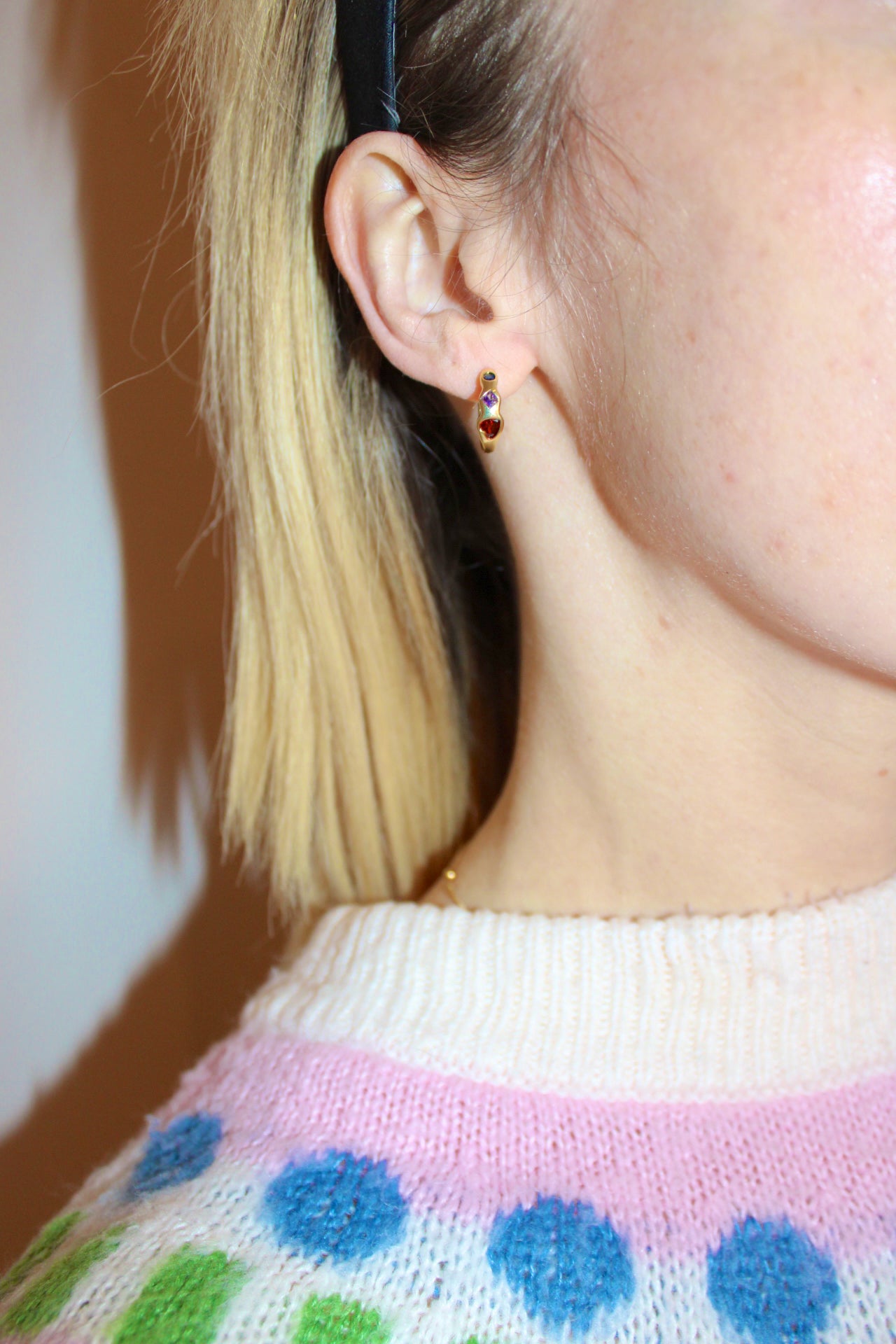 blue circle cubic zirconia, lilac diamond cubic zirconia and red heart cubic zirconia, molten style real 18k gold plated huggie earrings.