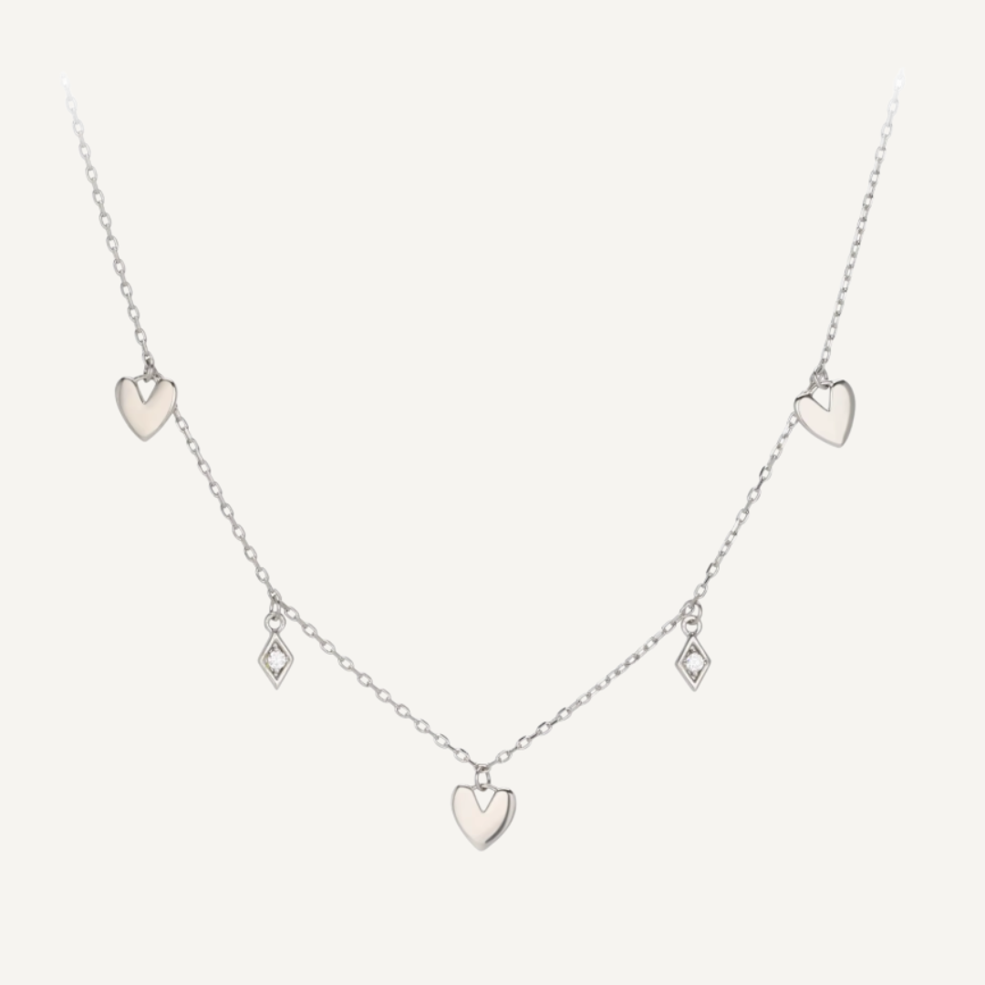 Heart & Diamond Charm Necklace - Silver