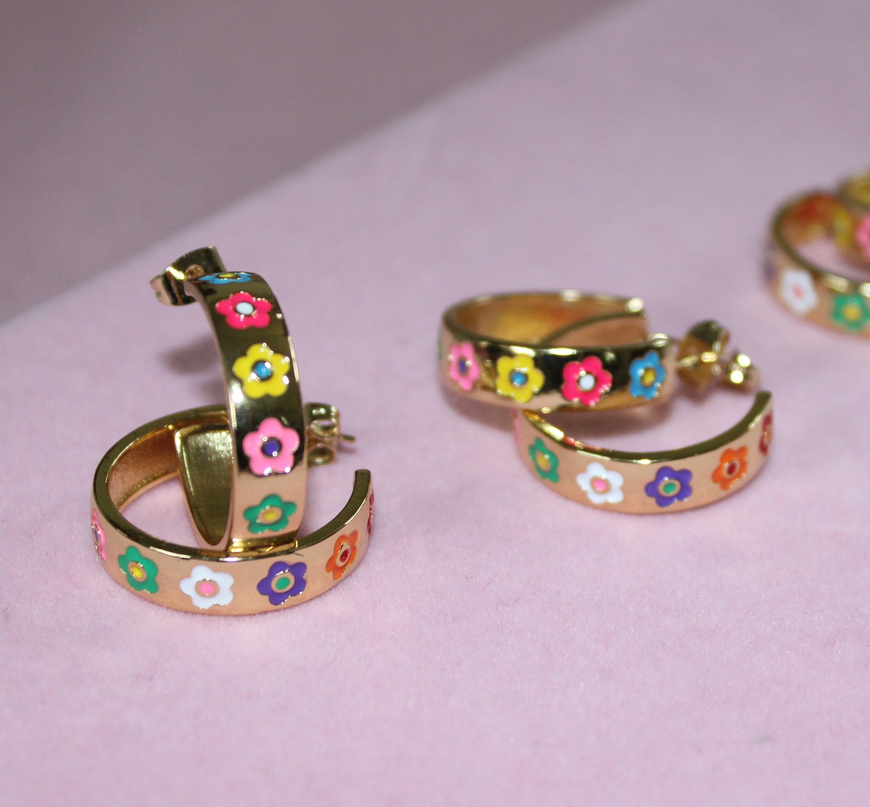 multi coloured enamel daisy flowers on real 18k gold plated hoop earrings