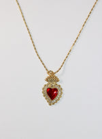 heart with crown necklace with red gem. stainless steel chain