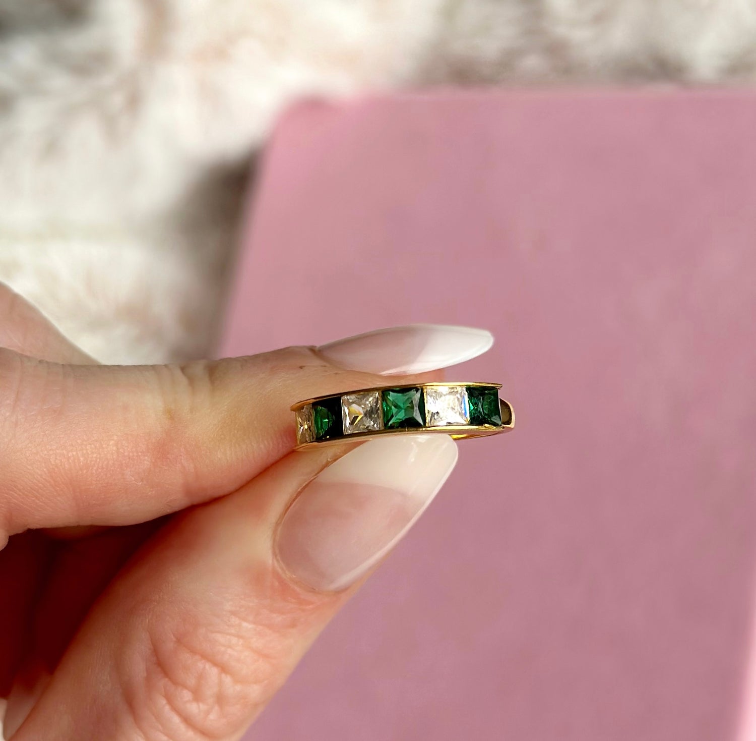 emerald green and white cubic zirconia gold plated ring evelyn hugo jewellery