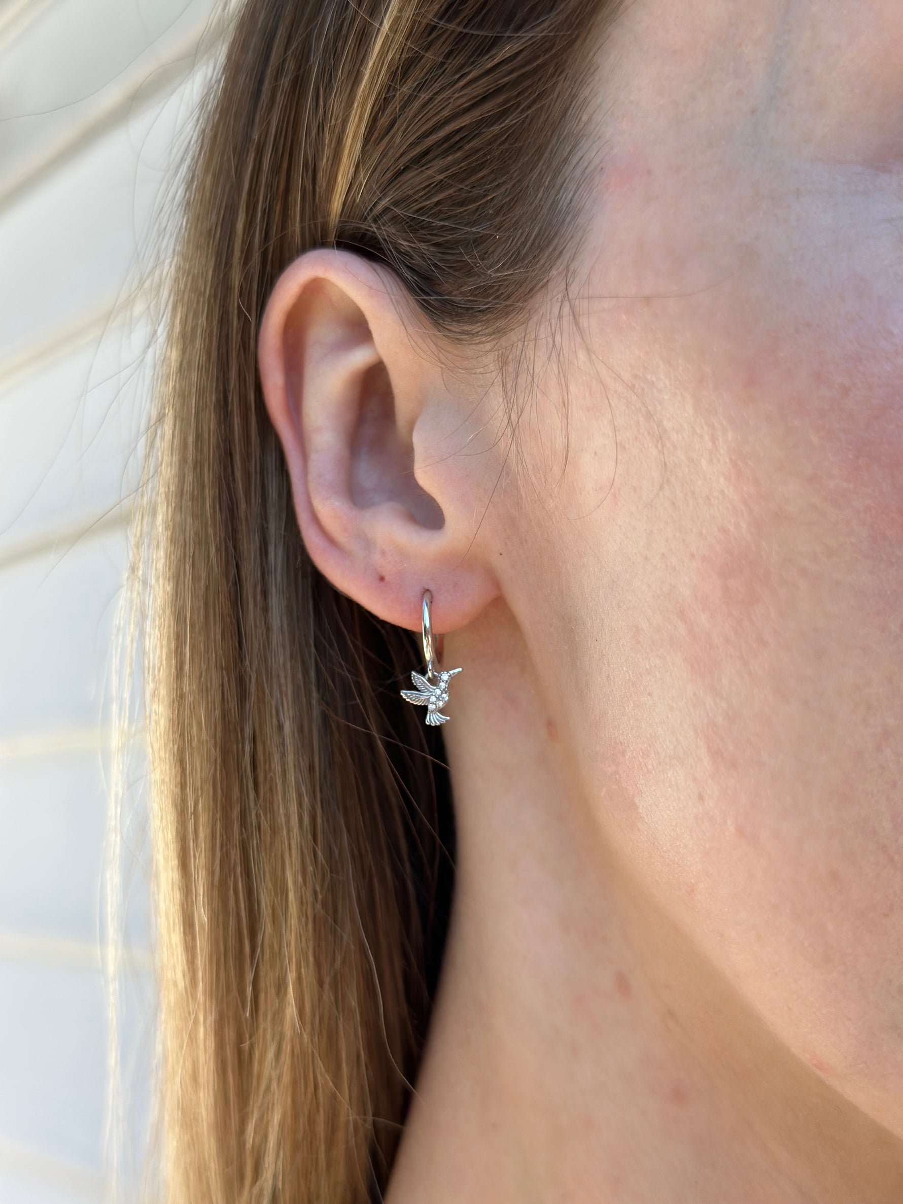 hummingbird hoop huggie earrings 925 sterling silver rhodium plating cubic zirconia
