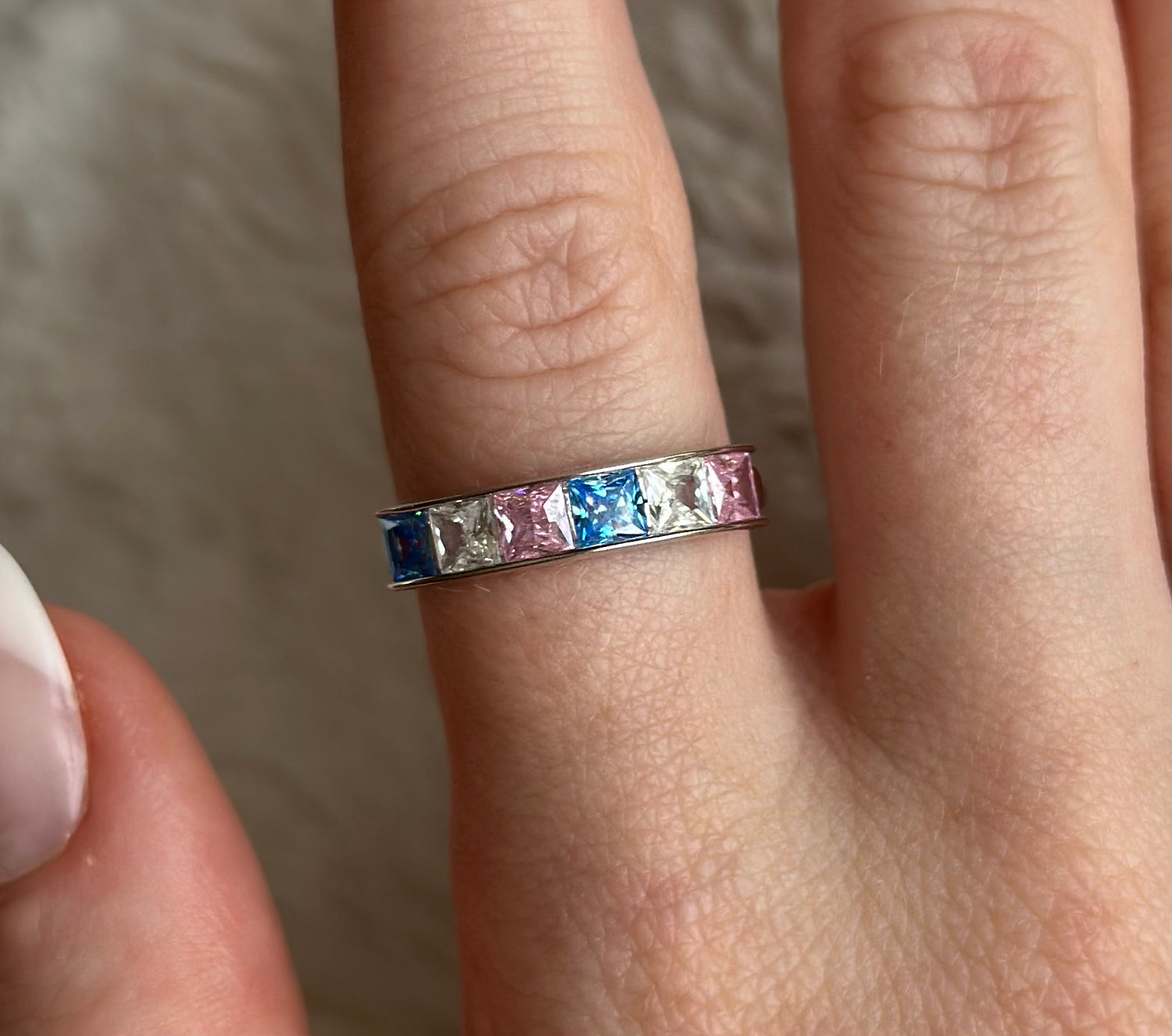 925 sterling silver blue white and pink cubic zirconia ring engagement ring, silver jewellery, gold jewellery, jewellery made in Wales, welsh designed jewellery. 