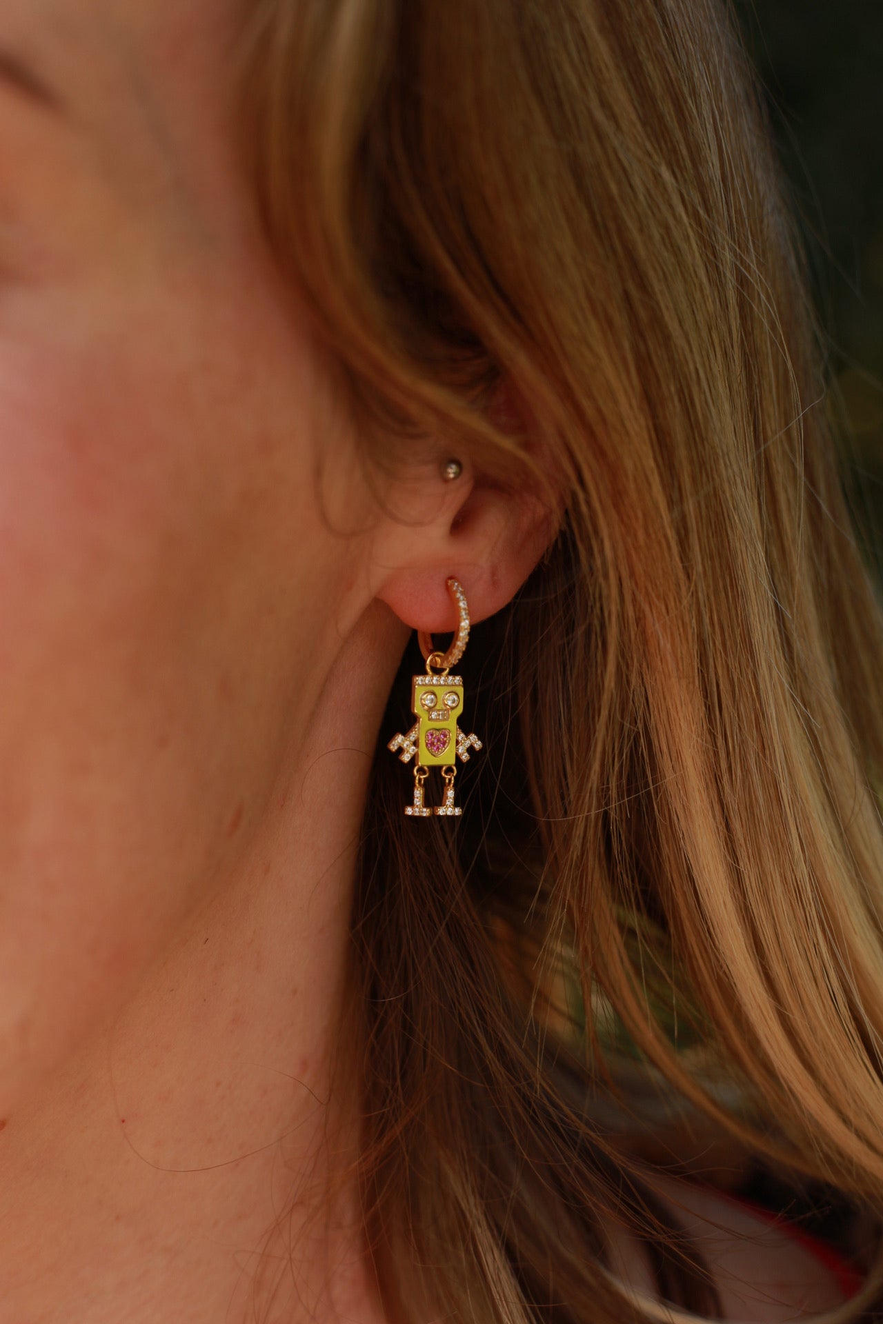 925 sterling siver real 18k gold plated robot earrings with real cubic zirconias, huggie earrings