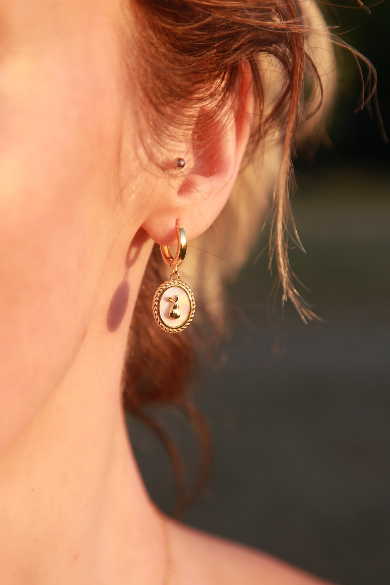 fruit pear mother of pearl earring vintage style 925 sterling silver with real 18k gold plating