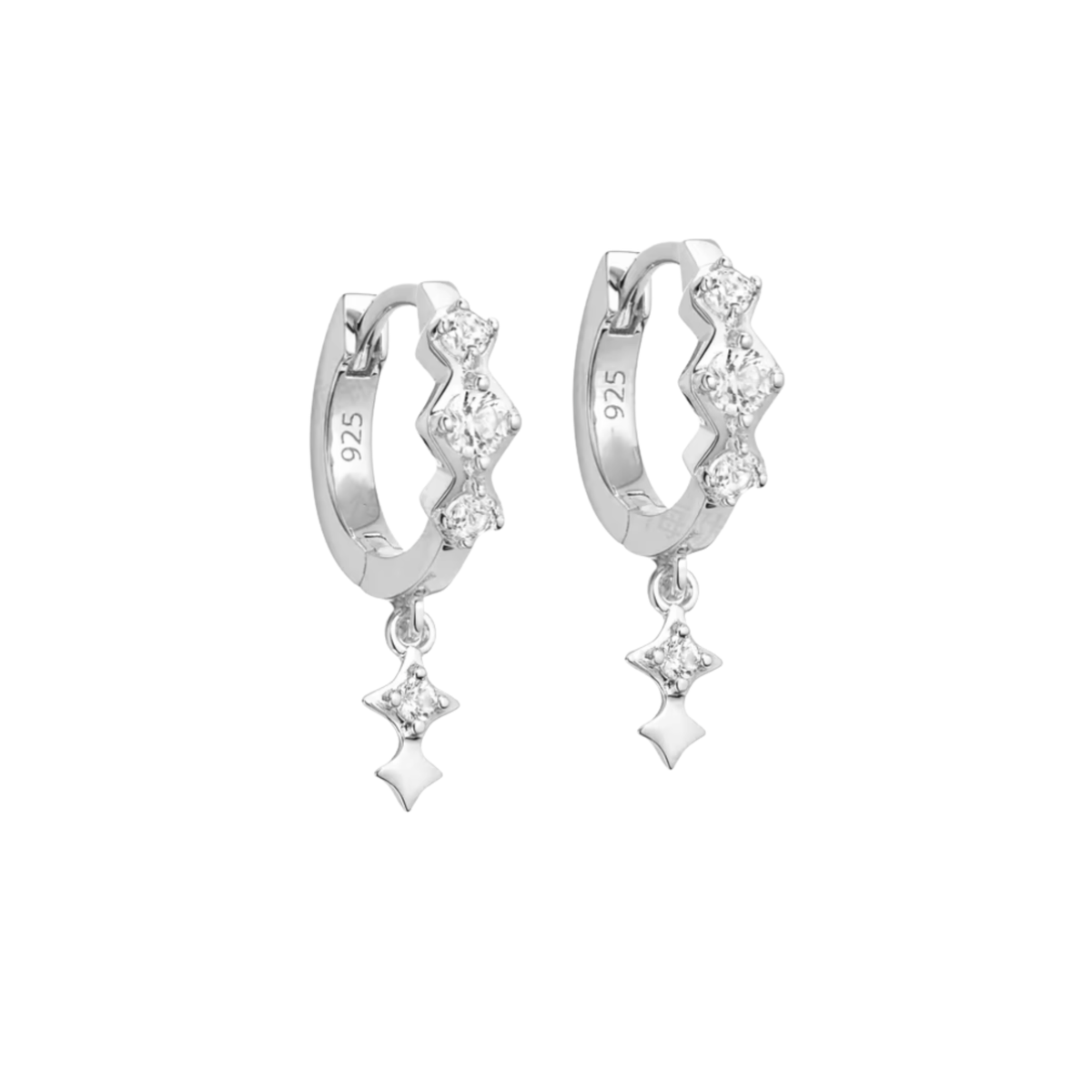 Zircon Star Dangle Huggie Earrings - Silver