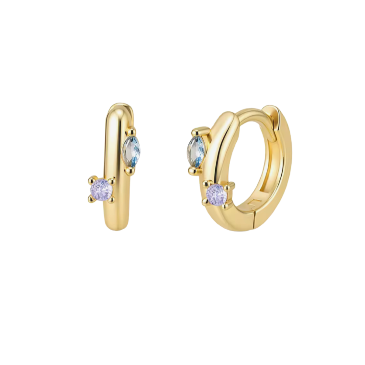 Marquise Blue & Round Lilac Cubic Zirconia Huggies - Gold
