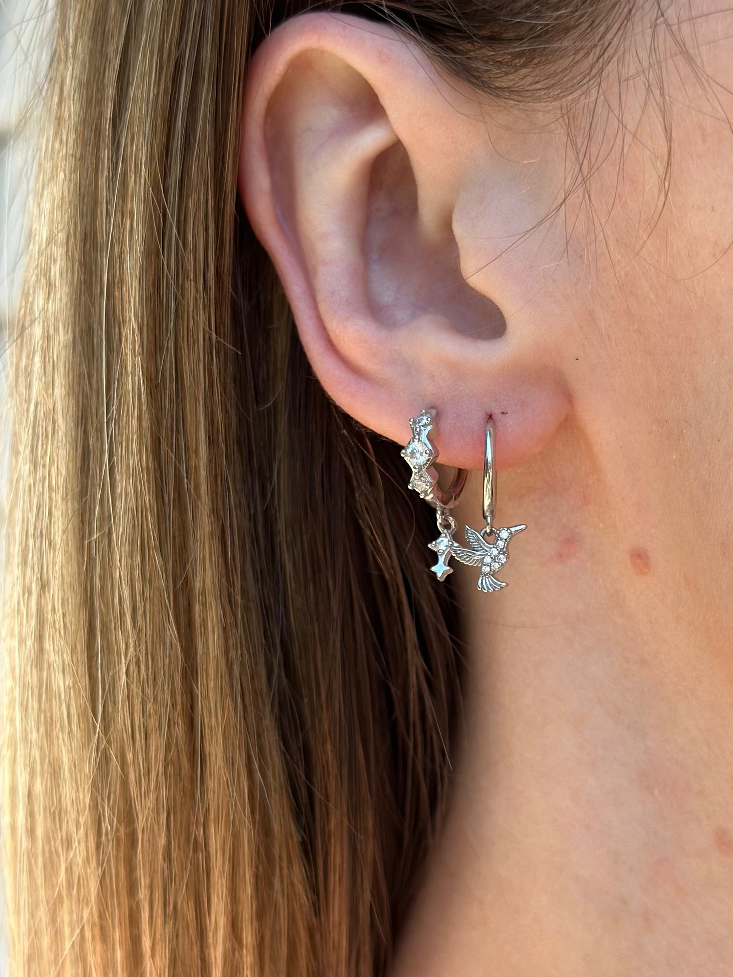 Zircon Star Dangle Huggie Earrings - Silver