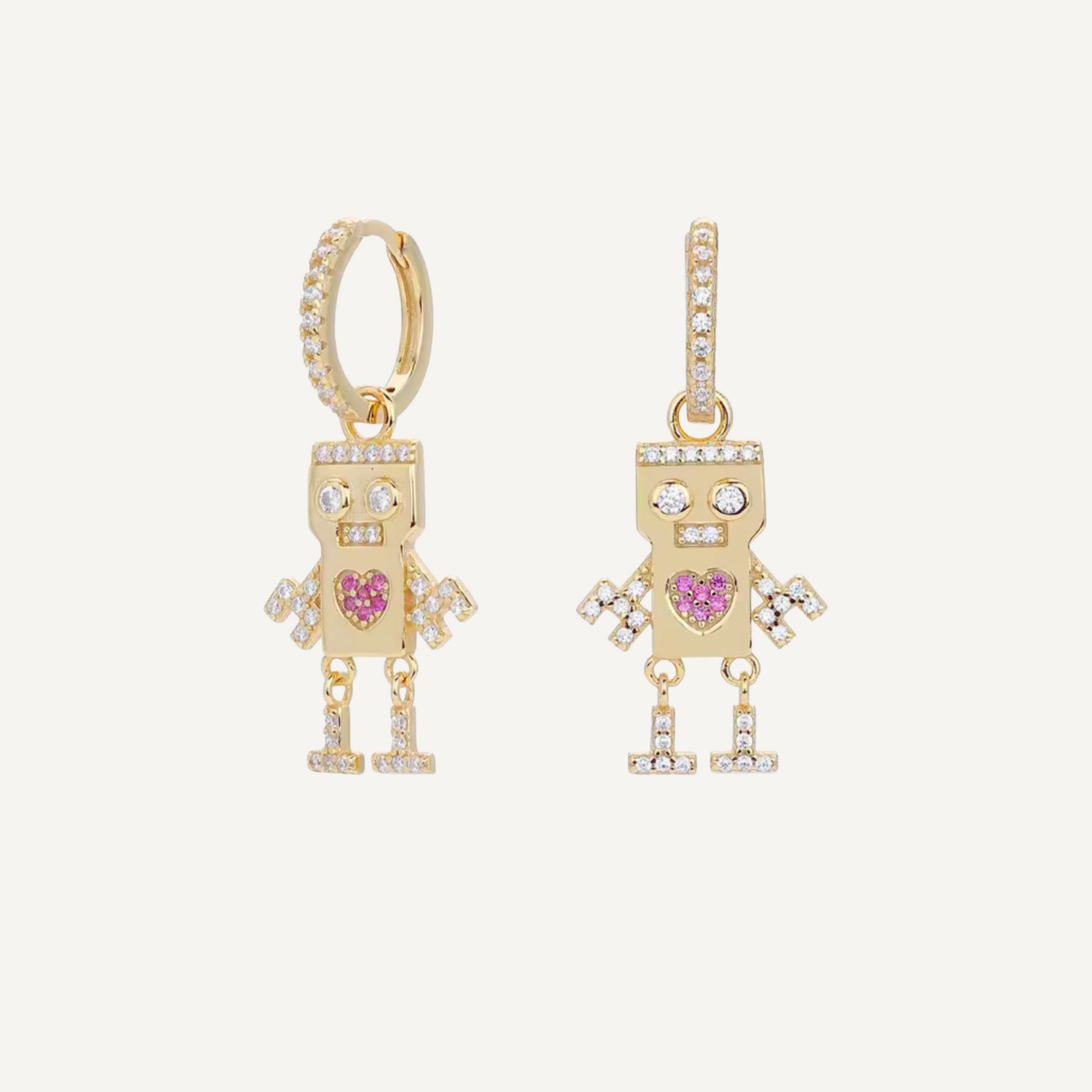 Gold robot-shaped earrings with pink heart details on a white background, 925 Sterling silver with real 18k gold plating
