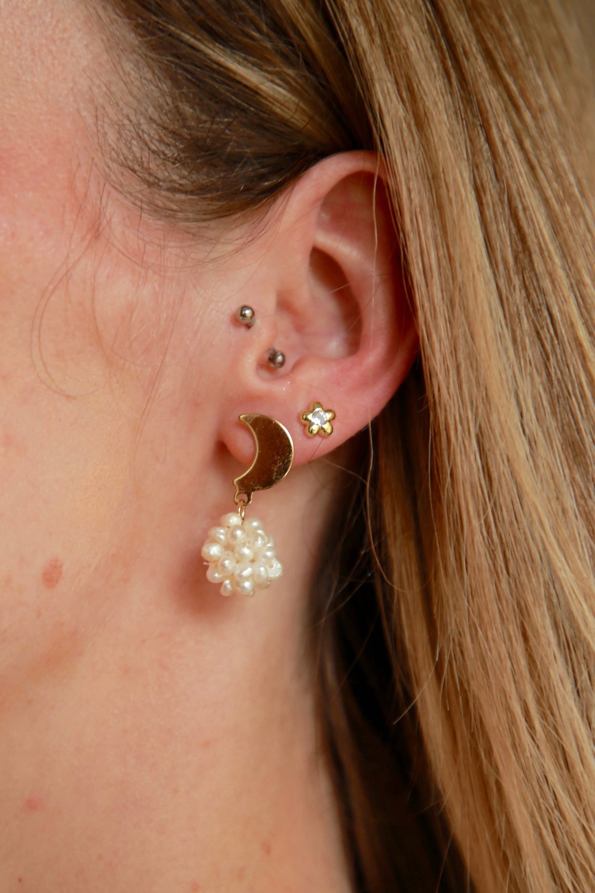 Moon & Star Pearl Bunch Earrings