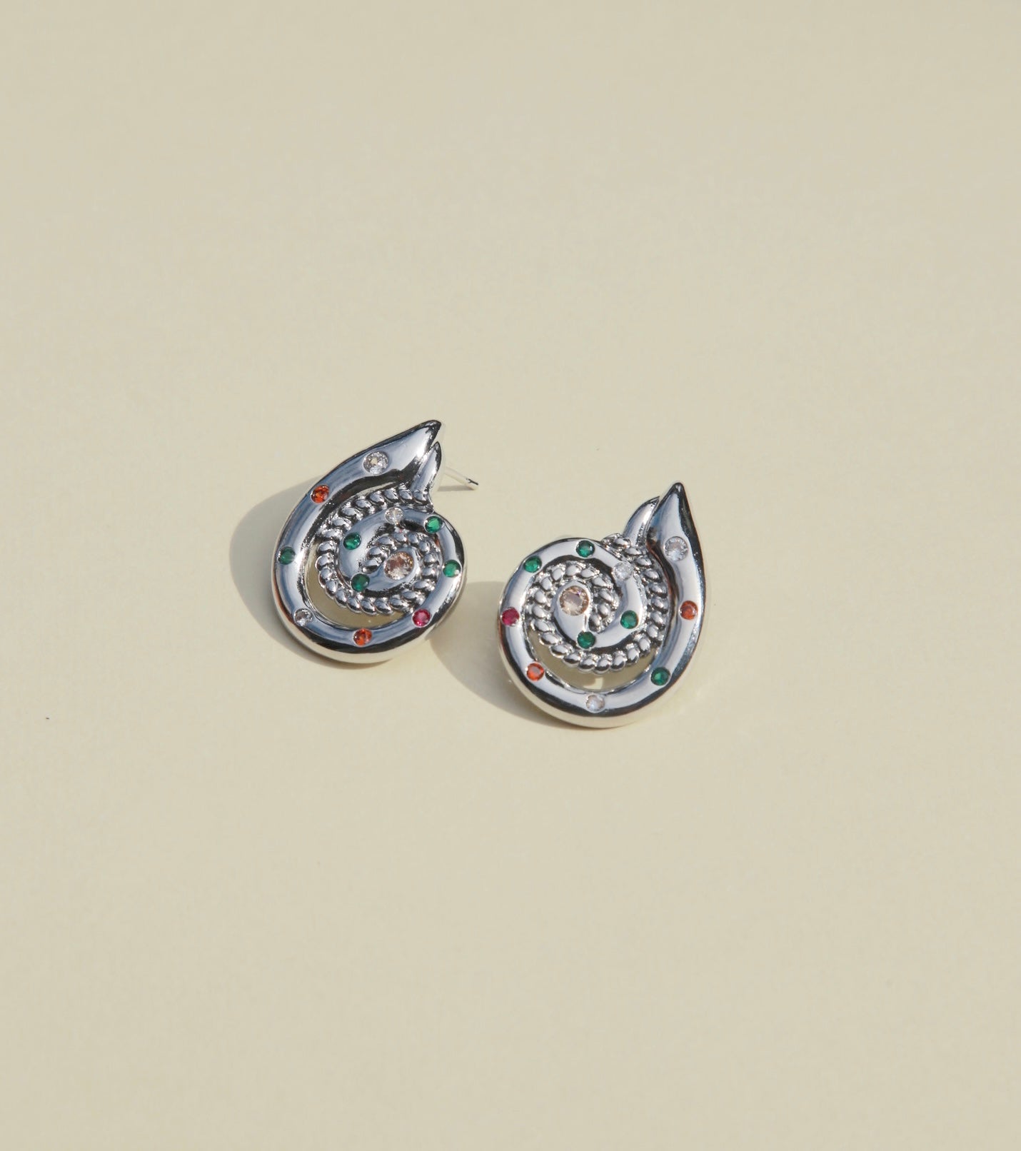 silver conch shell earrings with colourful multi coloured cubic zirconias