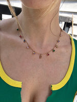 colourful gemstone necklace, brass, circle pendant, rectangle pendant