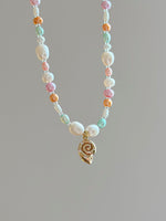 one of a kind handmade pearl and sea shell conch necklace 18k real gold plated, pink, orange, white and turquoise freshwater pearls