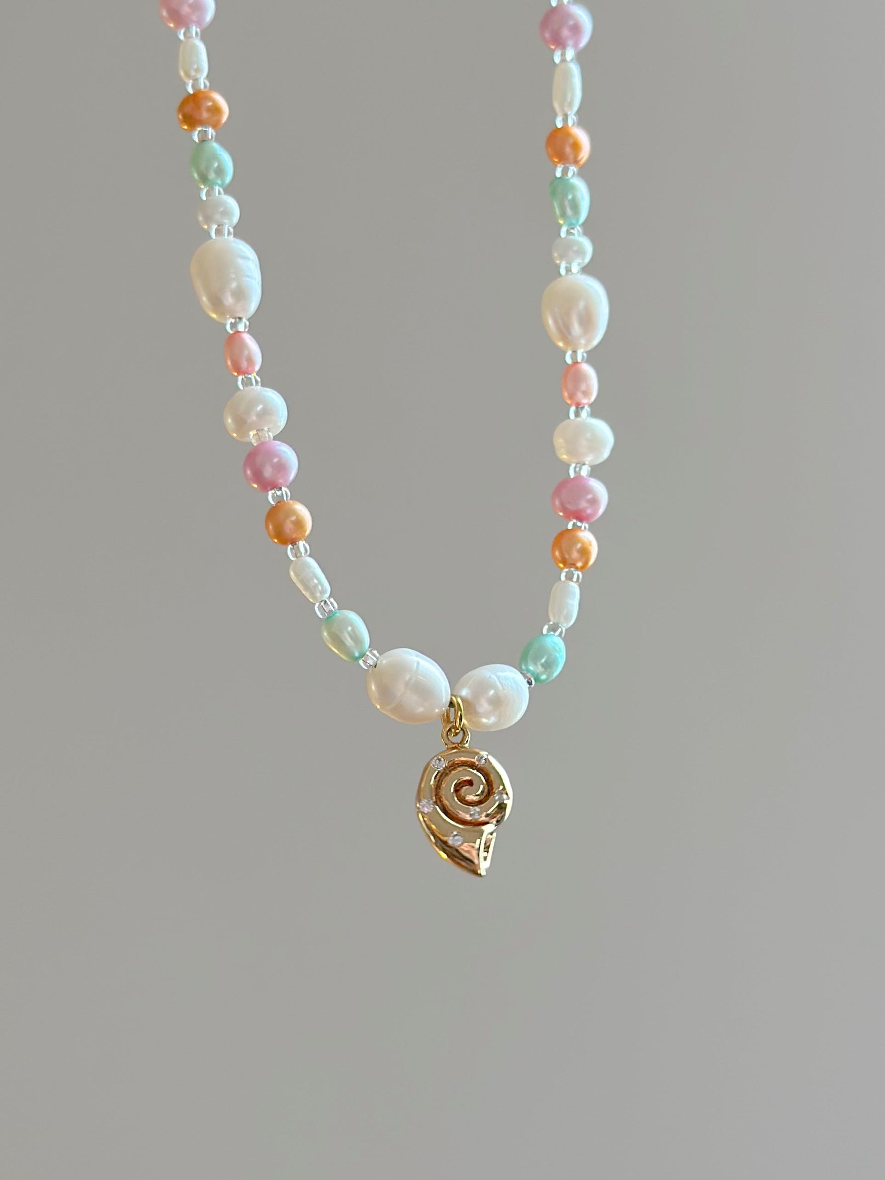 one of a kind handmade pearl and sea shell conch necklace 18k real gold plated, pink, orange, white and turquoise freshwater pearls