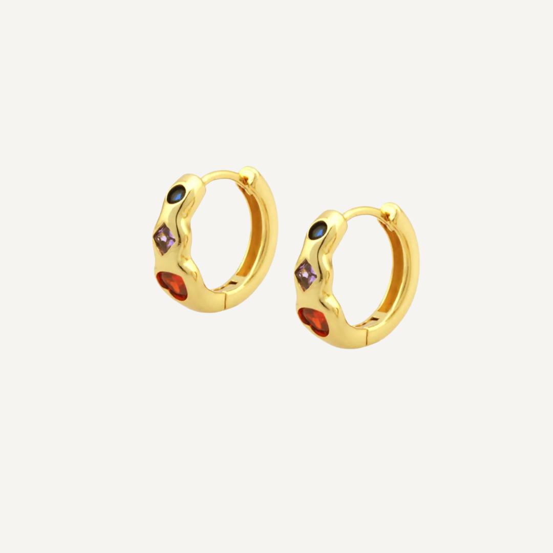 blue, lilac and red cubic zirconias, circle, diamond and heart cubic zirconia molten effect hoop huggie earrings real 18k gold plated