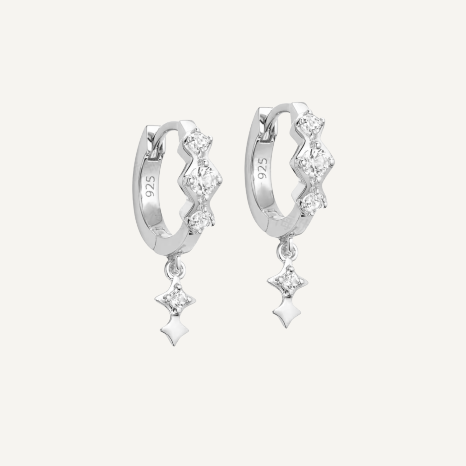 Zircon Star Dangle Huggie Earrings - Silver