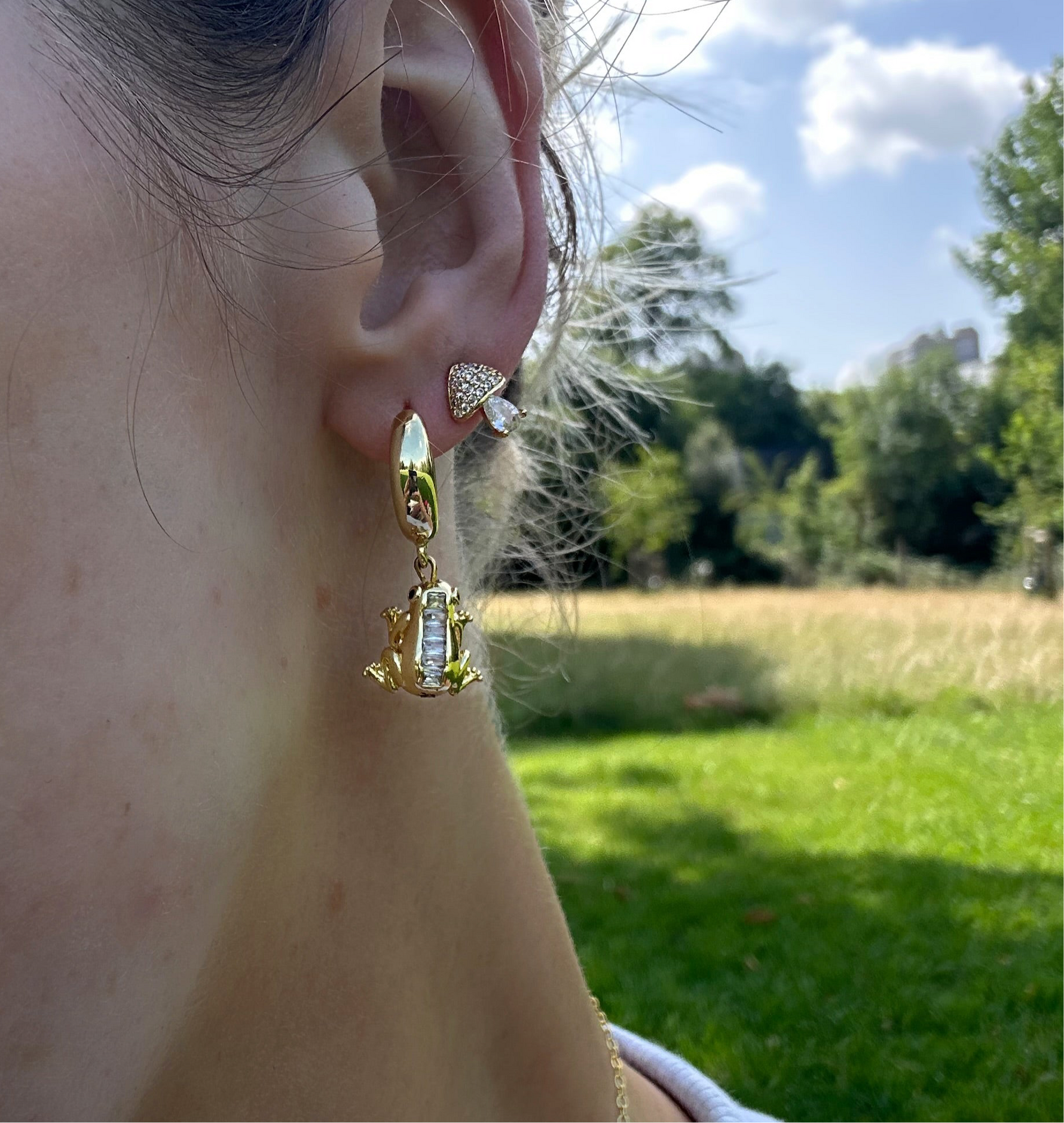 frog, toad, cottage core earrings with cubic zirconia down spine of frog