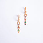 real 18k gold plated earring huggies with colourful rainbow cubic zirconia on a downward fall 