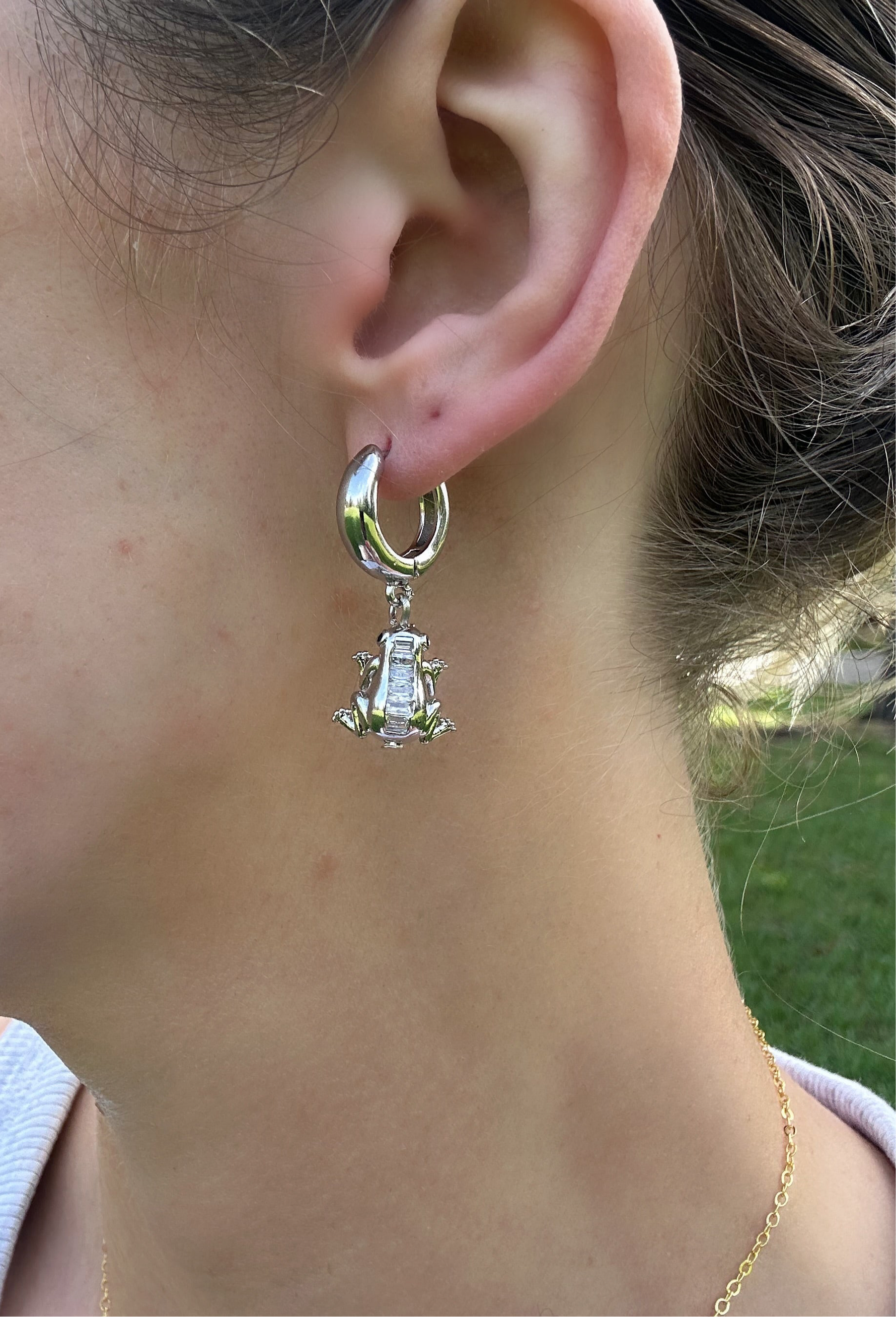 frog earrings, cottage core, silver stainless steel with cubic zirconia down it's spine, small hoop earrings