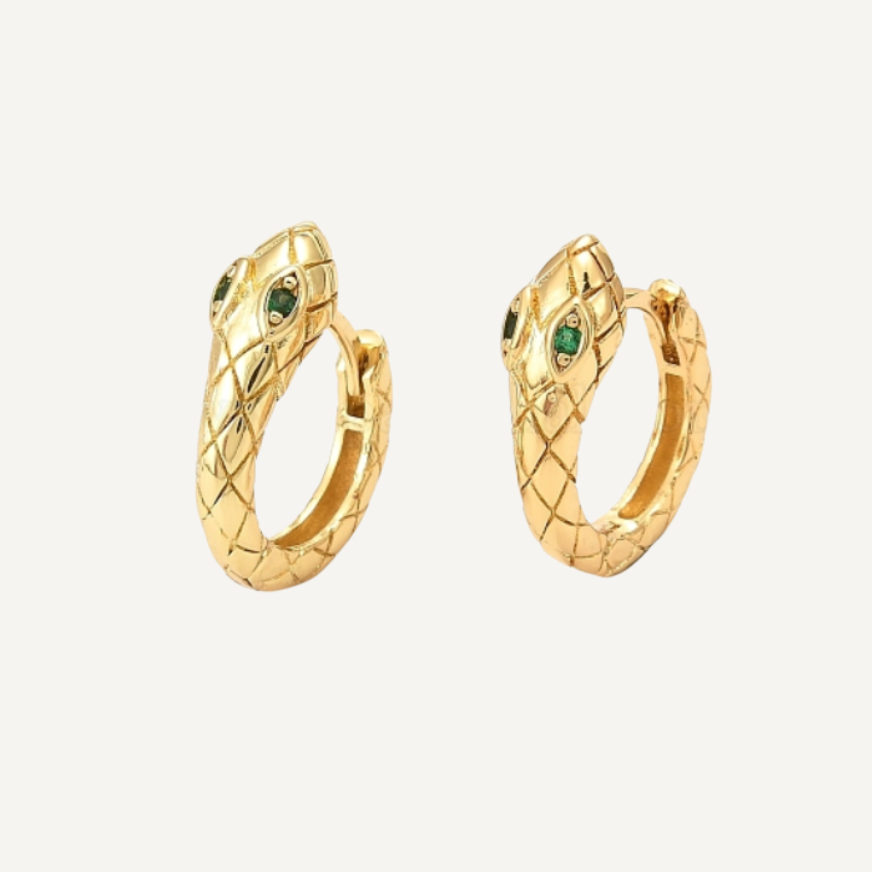 18k gold plated engraved snake hoop earrings, green cubic zirconia eyes on snake